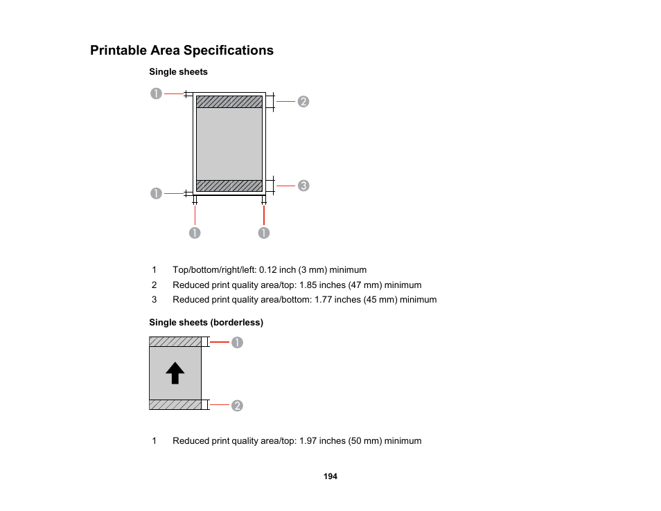 Printable area specifications | Epson WorkForce Pro WF-C4310 Wireless Color Printer User Manual | Page 194 / 209