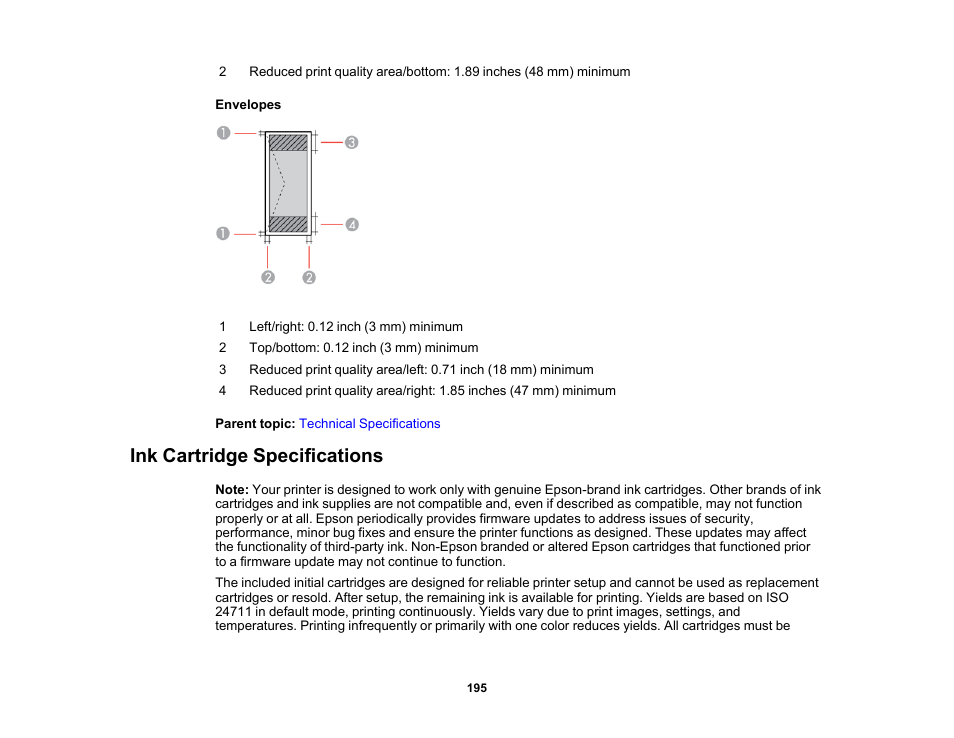 Ink cartridge specifications | Epson WorkForce Pro WF-C4310 Wireless Color Printer User Manual | Page 195 / 209