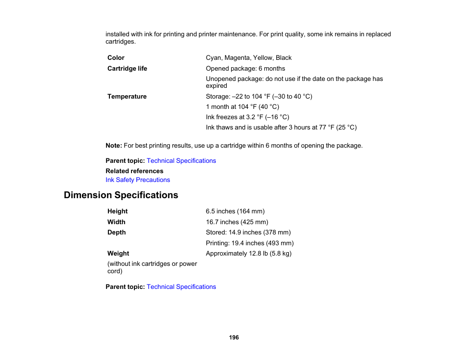 Dimension specifications | Epson WorkForce Pro WF-C4310 Wireless Color Printer User Manual | Page 196 / 209