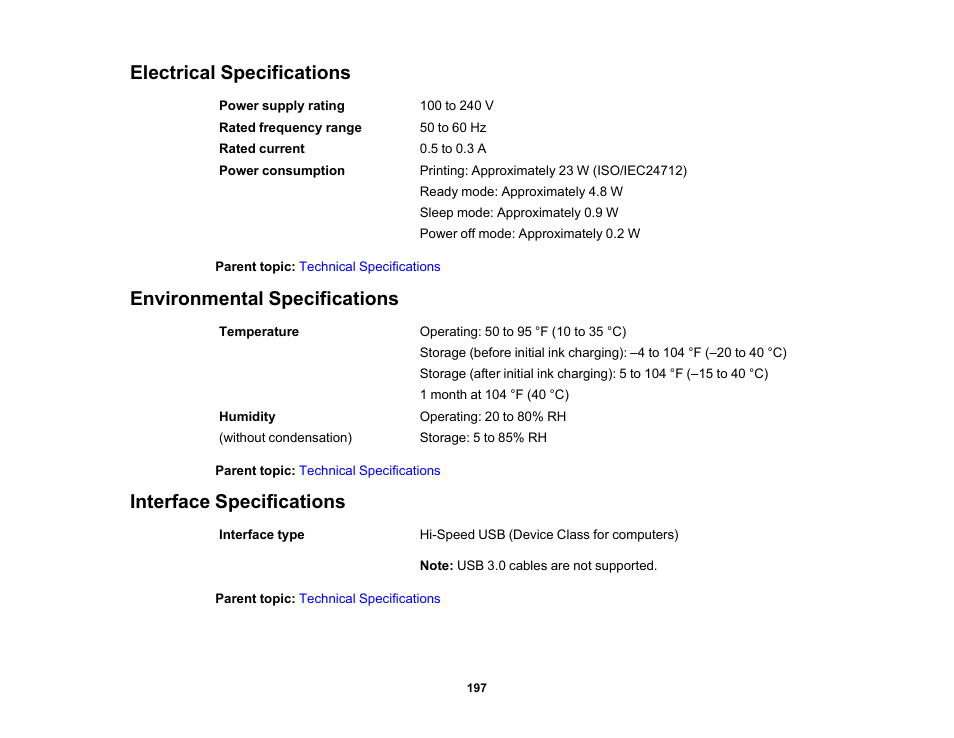 Electrical specifications, Environmental specifications, Interface specifications | Epson WorkForce Pro WF-C4310 Wireless Color Printer User Manual | Page 197 / 209