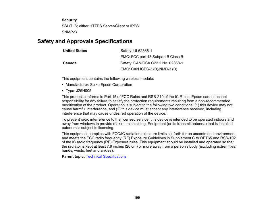 Safety and approvals specifications | Epson WorkForce Pro WF-C4310 Wireless Color Printer User Manual | Page 199 / 209