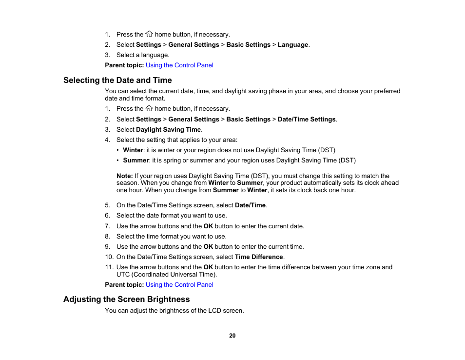 Selecting the date and time, Adjusting the screen brightness | Epson WorkForce Pro WF-C4310 Wireless Color Printer User Manual | Page 20 / 209