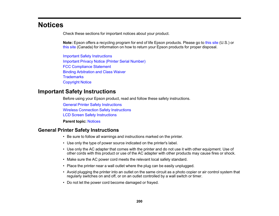 Notices, Important safety instructions, General printer safety instructions | Epson WorkForce Pro WF-C4310 Wireless Color Printer User Manual | Page 200 / 209