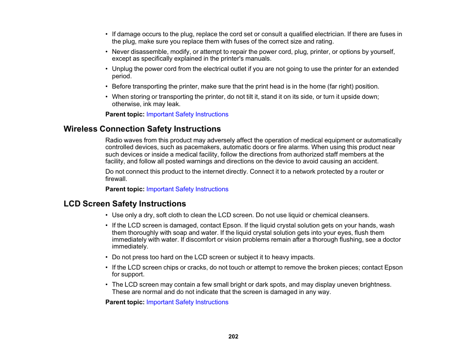 Wireless connection safety instructions, Lcd screen safety instructions | Epson WorkForce Pro WF-C4310 Wireless Color Printer User Manual | Page 202 / 209