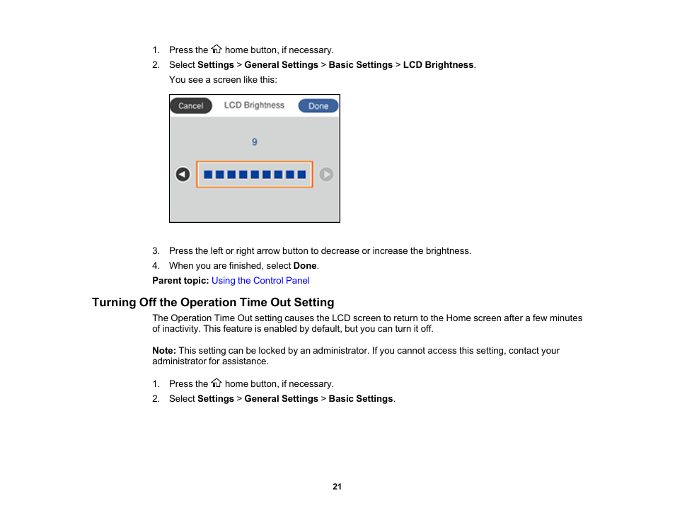 Turning off the operation time out setting | Epson WorkForce Pro WF-C4310 Wireless Color Printer User Manual | Page 21 / 209