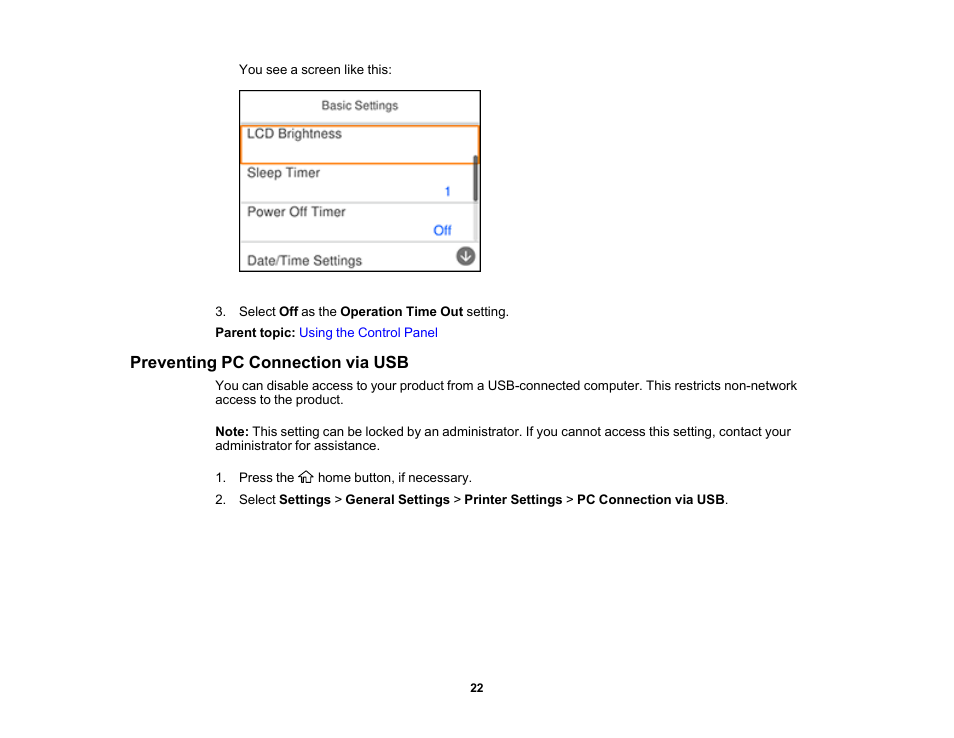 Preventing pc connection via usb | Epson WorkForce Pro WF-C4310 Wireless Color Printer User Manual | Page 22 / 209