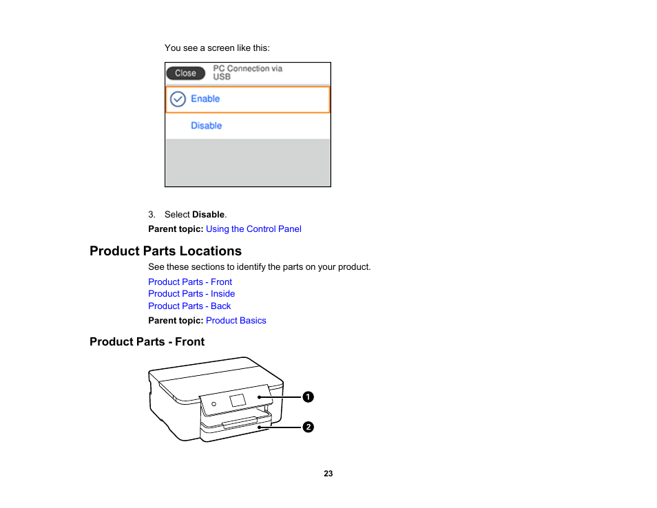 Product parts locations, Product parts - front | Epson WorkForce Pro WF-C4310 Wireless Color Printer User Manual | Page 23 / 209