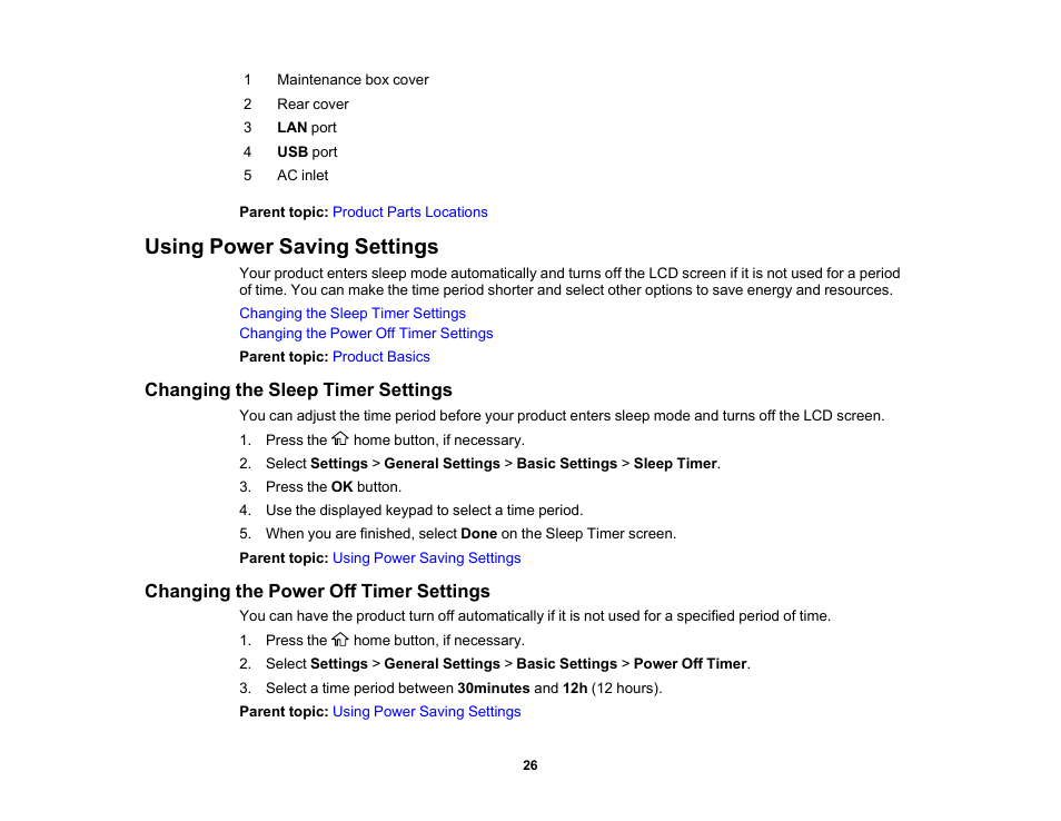 Using power saving settings, Changing the sleep timer settings, Changing the power off timer settings | Epson WorkForce Pro WF-C4310 Wireless Color Printer User Manual | Page 26 / 209