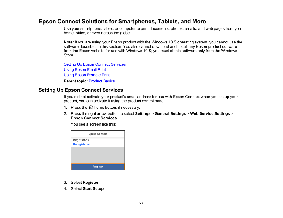 Setting up epson connect services | Epson WorkForce Pro WF-C4310 Wireless Color Printer User Manual | Page 27 / 209