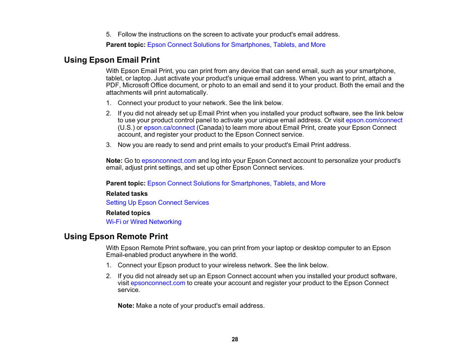 Using epson email print, Using epson remote print, Using epson email print using epson remote print | Epson WorkForce Pro WF-C4310 Wireless Color Printer User Manual | Page 28 / 209