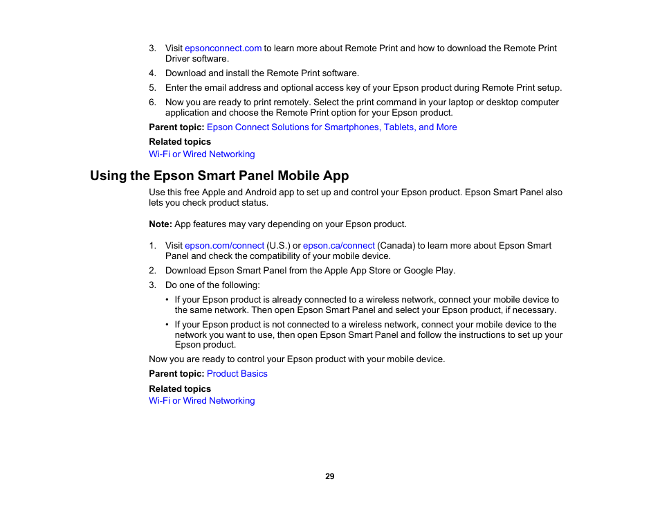 Using the epson smart panel mobile app | Epson WorkForce Pro WF-C4310 Wireless Color Printer User Manual | Page 29 / 209