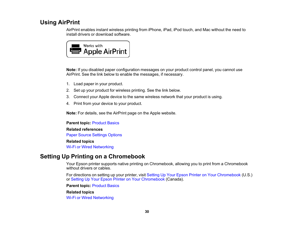 Using airprint, Setting up printing on a chromebook, Using airprint setting up printing on a chromebook | Epson WorkForce Pro WF-C4310 Wireless Color Printer User Manual | Page 30 / 209