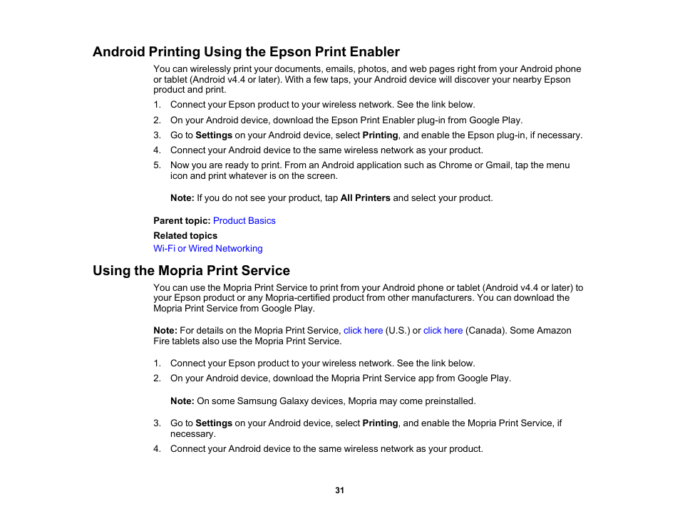 Android printing using the epson print enabler, Using the mopria print service | Epson WorkForce Pro WF-C4310 Wireless Color Printer User Manual | Page 31 / 209