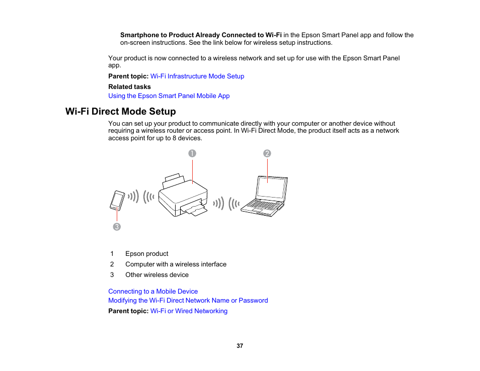 Wi-fi direct mode setup | Epson WorkForce Pro WF-C4310 Wireless Color Printer User Manual | Page 37 / 209