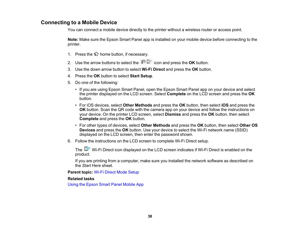 Connecting to a mobile device | Epson WorkForce Pro WF-C4310 Wireless Color Printer User Manual | Page 38 / 209