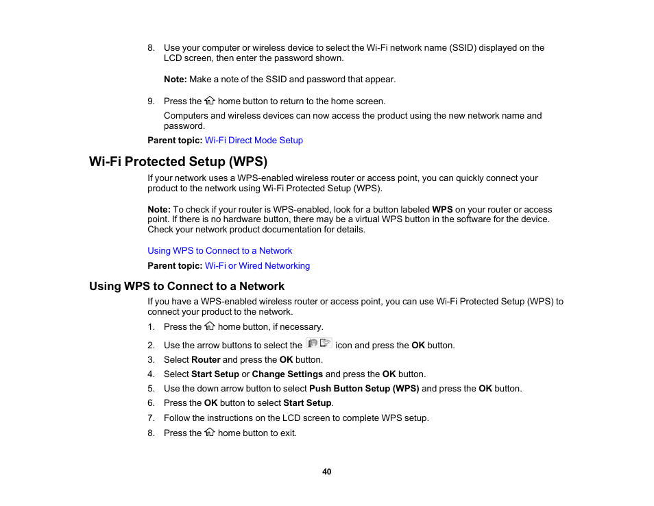 Wi-fi protected setup (wps), Using wps to connect to a network | Epson WorkForce Pro WF-C4310 Wireless Color Printer User Manual | Page 40 / 209