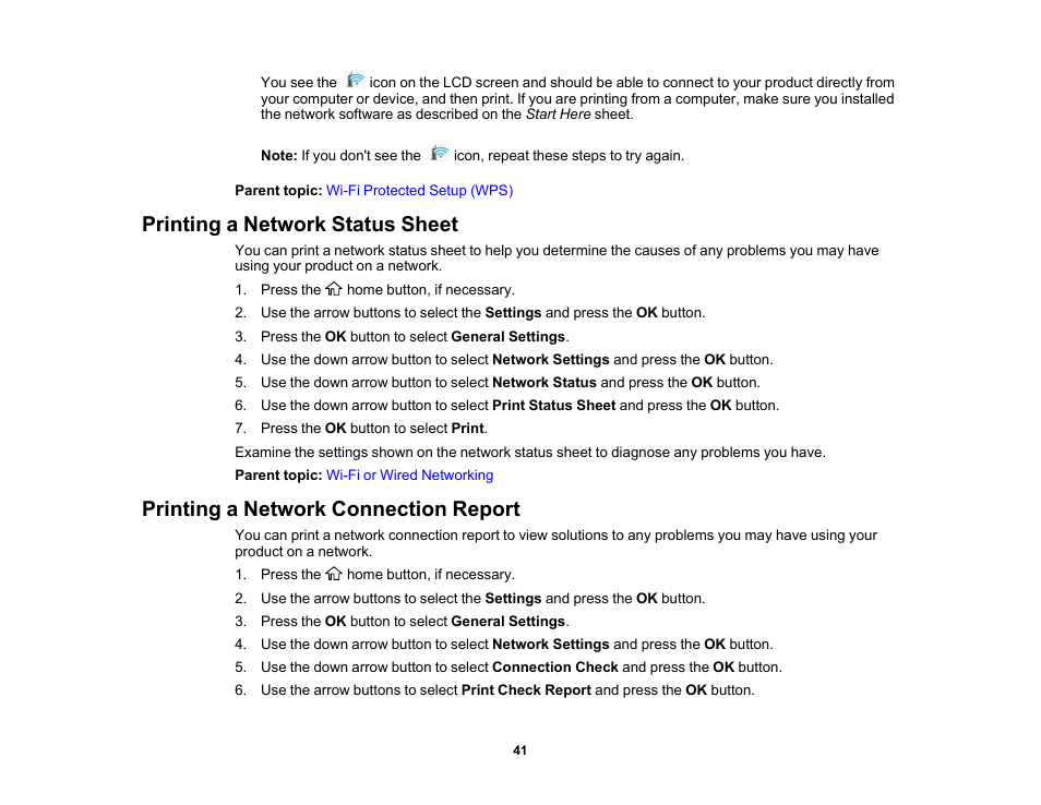 Printing a network status sheet, Printing a network connection report | Epson WorkForce Pro WF-C4310 Wireless Color Printer User Manual | Page 41 / 209