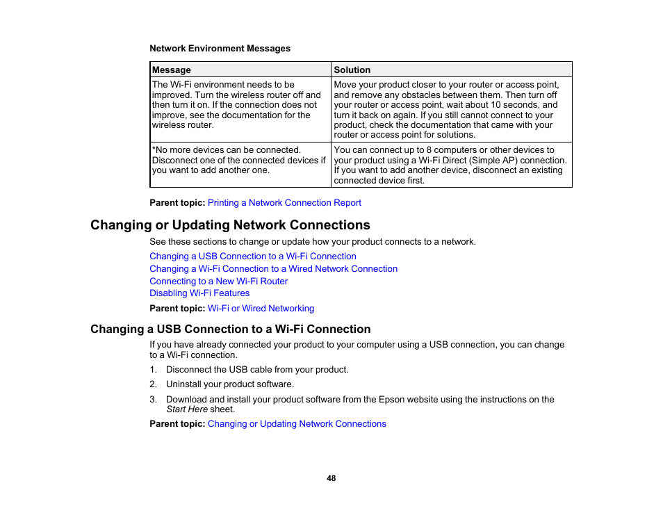 Changing or updating network connections, Changing a usb connection to a wi-fi connection | Epson WorkForce Pro WF-C4310 Wireless Color Printer User Manual | Page 48 / 209