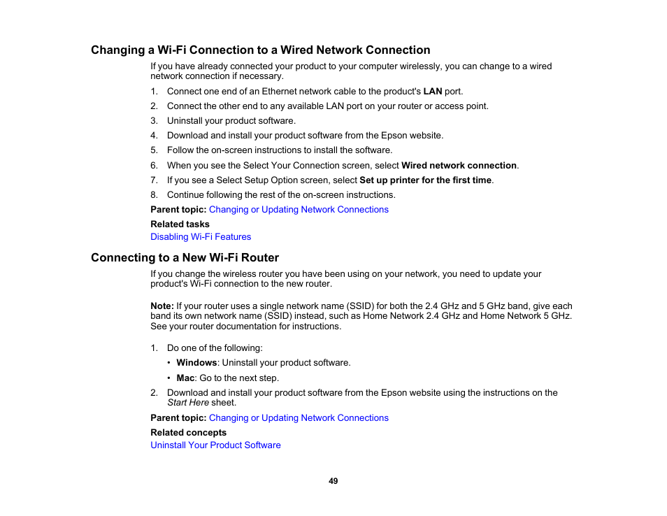 Connecting to a new wi-fi router | Epson WorkForce Pro WF-C4310 Wireless Color Printer User Manual | Page 49 / 209