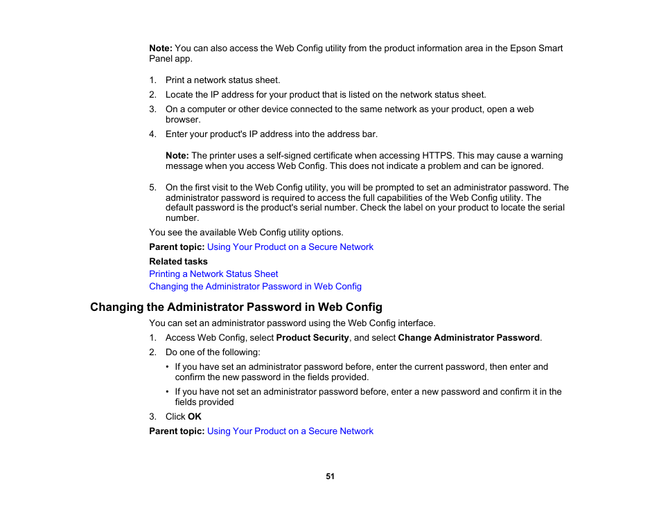 Changing the administrator password in web config | Epson WorkForce Pro WF-C4310 Wireless Color Printer User Manual | Page 51 / 209