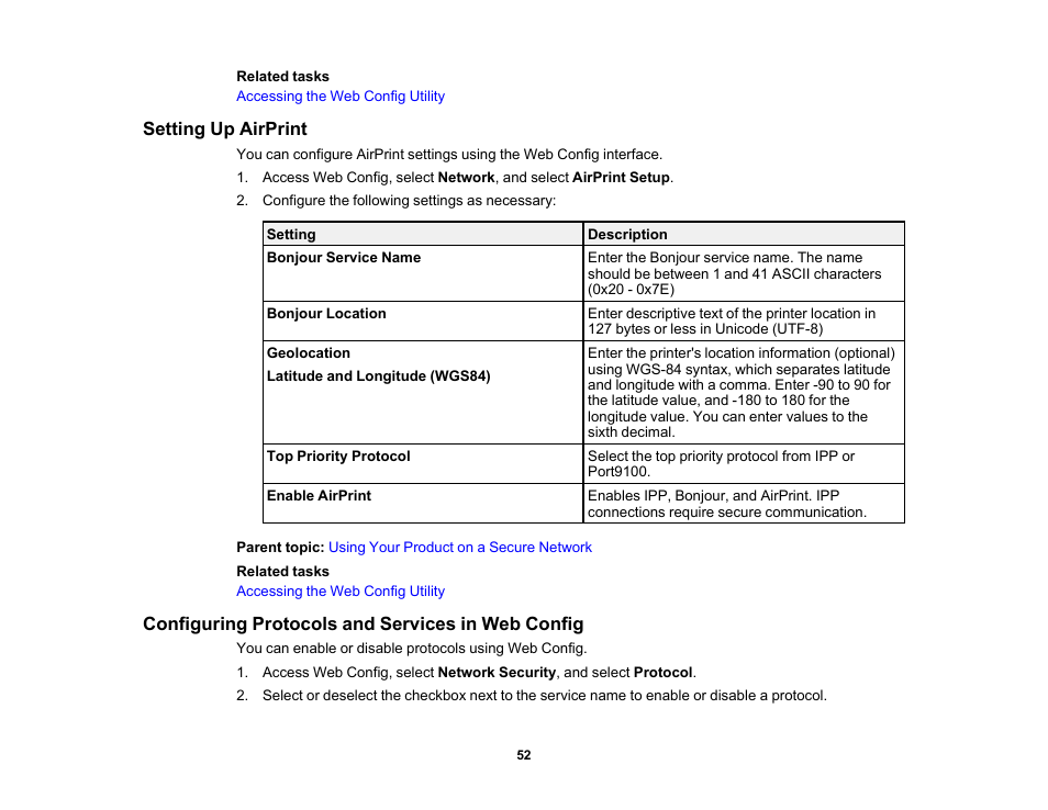 Setting up airprint, Configuring protocols and services in web config | Epson WorkForce Pro WF-C4310 Wireless Color Printer User Manual | Page 52 / 209