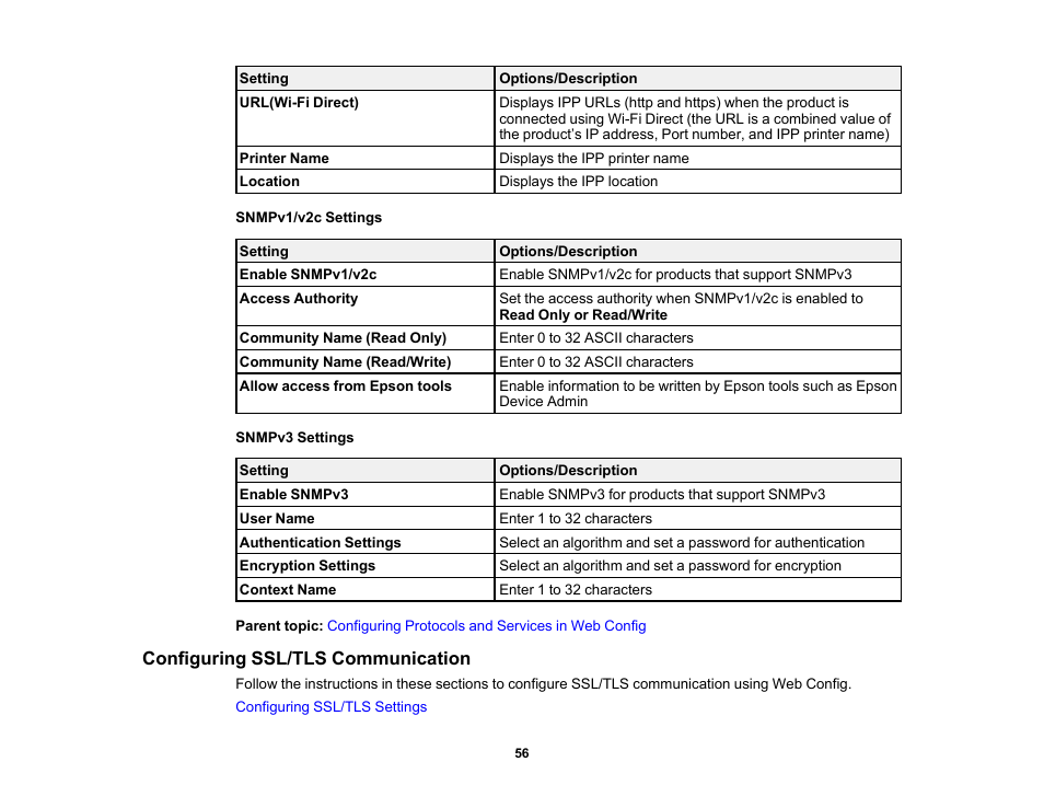Configuring ssl/tls communication | Epson WorkForce Pro WF-C4310 Wireless Color Printer User Manual | Page 56 / 209