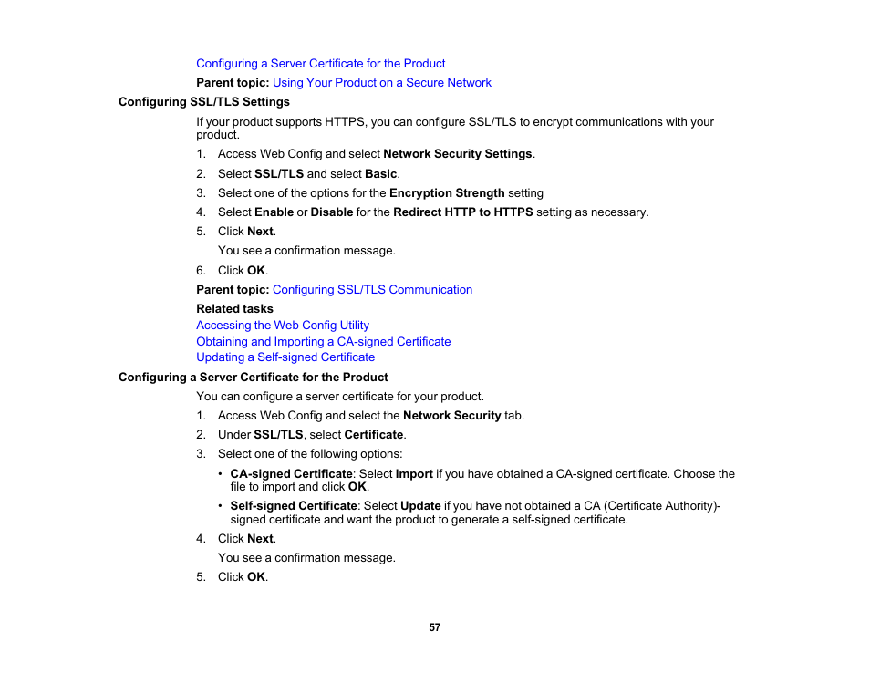 Configuring ssl/tls settings, Configuring a server certificate for the product | Epson WorkForce Pro WF-C4310 Wireless Color Printer User Manual | Page 57 / 209