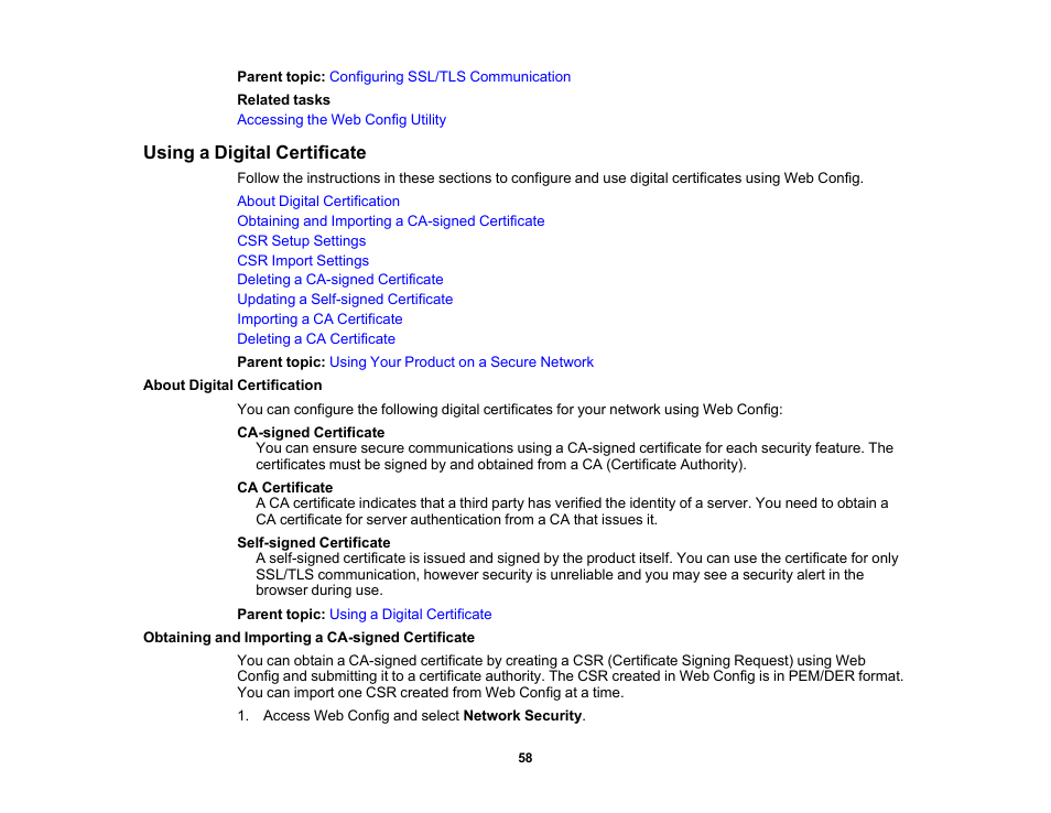 Using a digital certificate, About digital certification, Obtaining and importing a ca-signed certificate | Epson WorkForce Pro WF-C4310 Wireless Color Printer User Manual | Page 58 / 209