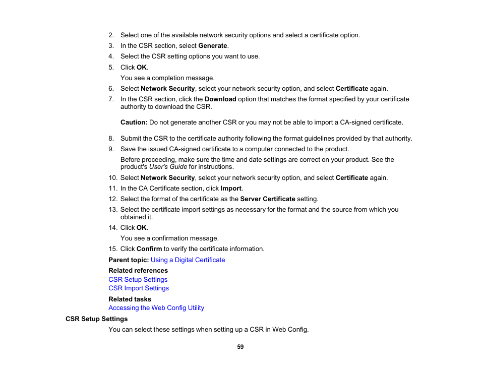 Csr setup settings | Epson WorkForce Pro WF-C4310 Wireless Color Printer User Manual | Page 59 / 209