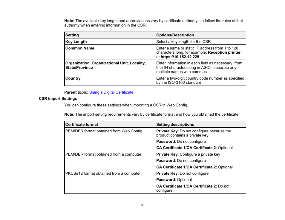 Csr import settings | Epson WorkForce Pro WF-C4310 Wireless Color Printer User Manual | Page 60 / 209