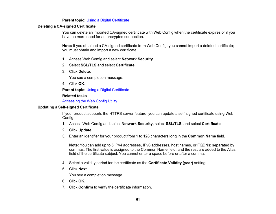 Deleting a ca-signed certificate, Updating a self-signed certificate | Epson WorkForce Pro WF-C4310 Wireless Color Printer User Manual | Page 61 / 209