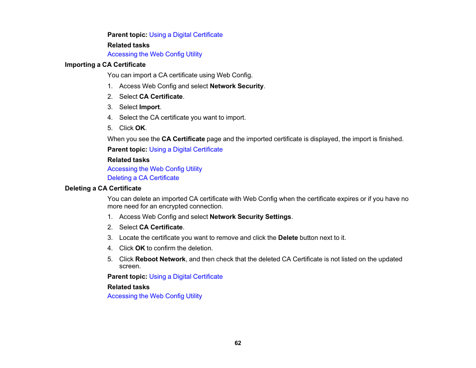 Importing a ca certificate, Deleting a ca certificate | Epson WorkForce Pro WF-C4310 Wireless Color Printer User Manual | Page 62 / 209