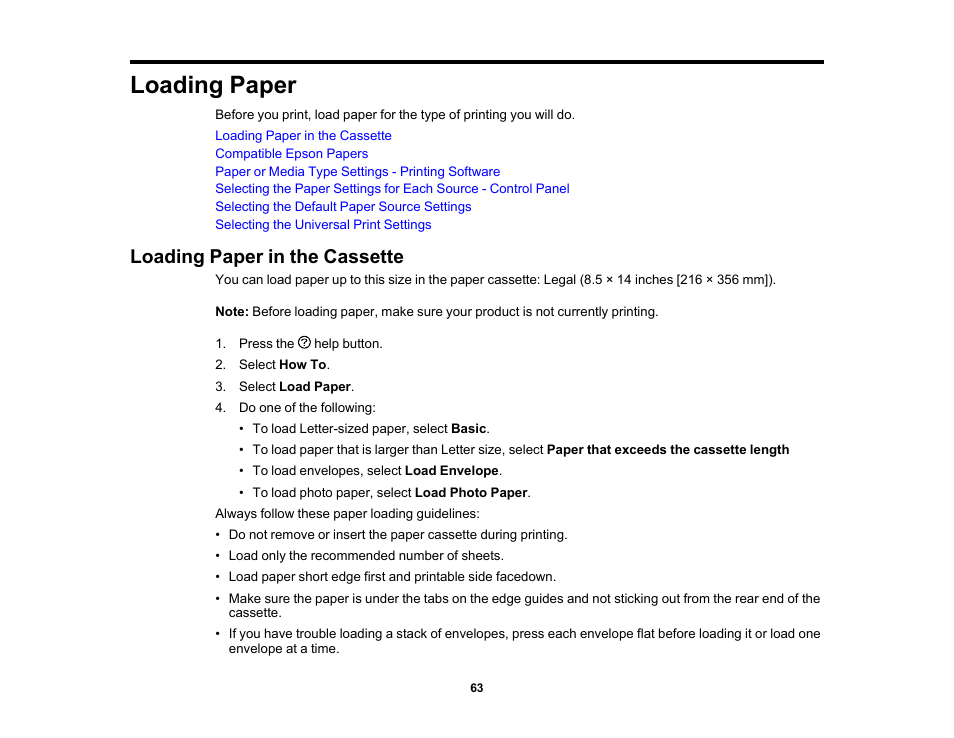 Loading paper, Loading paper in the cassette | Epson WorkForce Pro WF-C4310 Wireless Color Printer User Manual | Page 63 / 209