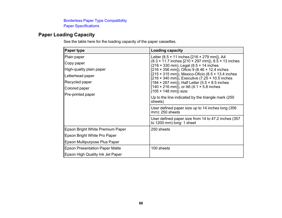 Paper loading capacity | Epson WorkForce Pro WF-C4310 Wireless Color Printer User Manual | Page 68 / 209