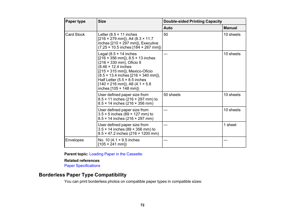 Borderless paper type compatibility | Epson WorkForce Pro WF-C4310 Wireless Color Printer User Manual | Page 72 / 209