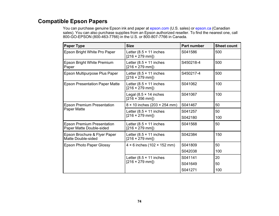 Compatible epson papers | Epson WorkForce Pro WF-C4310 Wireless Color Printer User Manual | Page 74 / 209