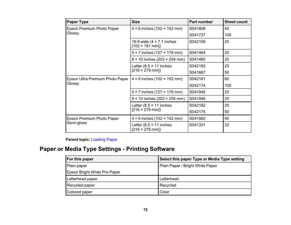 Paper or media type settings - printing software | Epson WorkForce Pro WF-C4310 Wireless Color Printer User Manual | Page 75 / 209