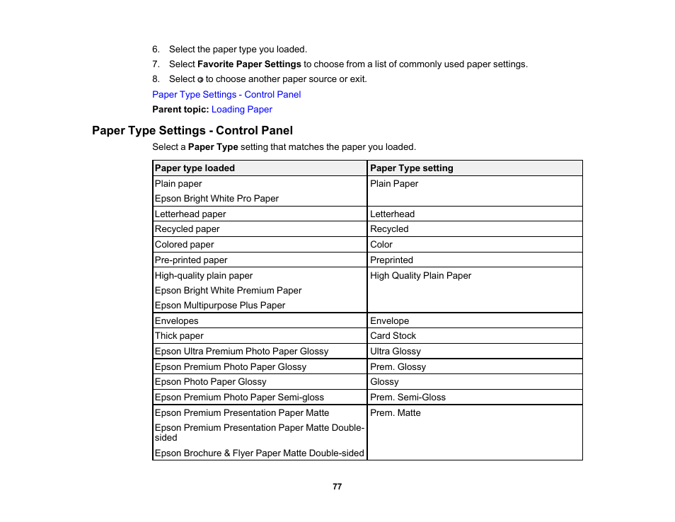 Paper type settings - control panel | Epson WorkForce Pro WF-C4310 Wireless Color Printer User Manual | Page 77 / 209