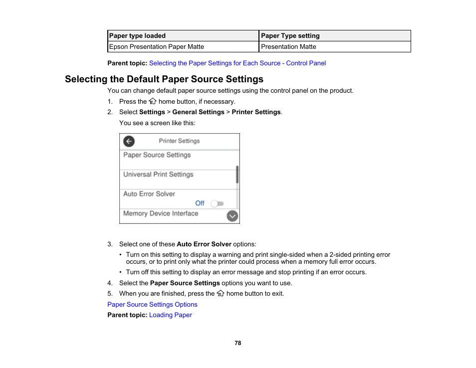 Selecting the default paper source settings | Epson WorkForce Pro WF-C4310 Wireless Color Printer User Manual | Page 78 / 209