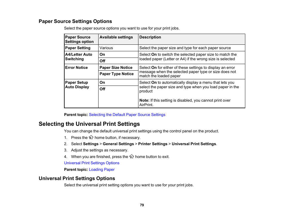 Paper source settings options, Selecting the universal print settings, Universal print settings options | Epson WorkForce Pro WF-C4310 Wireless Color Printer User Manual | Page 79 / 209