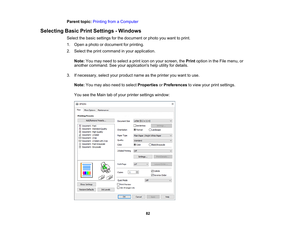 Selecting basic print settings - windows | Epson WorkForce Pro WF-C4310 Wireless Color Printer User Manual | Page 82 / 209