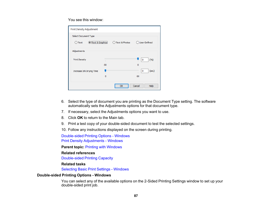 Double-sided printing options - windows | Epson WorkForce Pro WF-C4310 Wireless Color Printer User Manual | Page 87 / 209