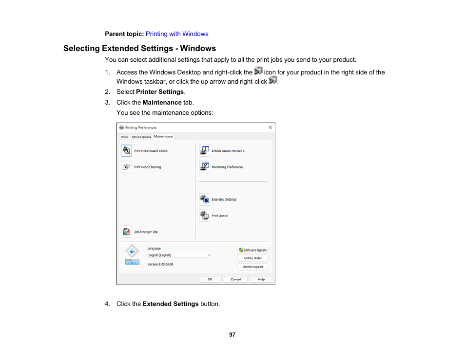 Selecting extended settings - windows | Epson WorkForce Pro WF-C4310 Wireless Color Printer User Manual | Page 97 / 209