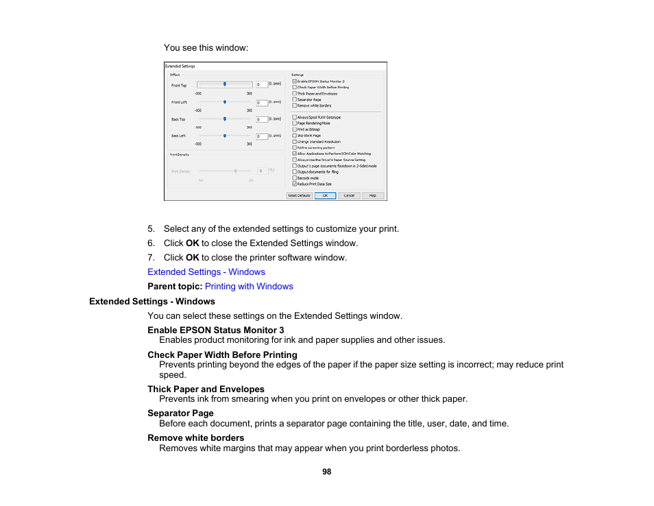 Extended settings - windows | Epson WorkForce Pro WF-C4310 Wireless Color Printer User Manual | Page 98 / 209