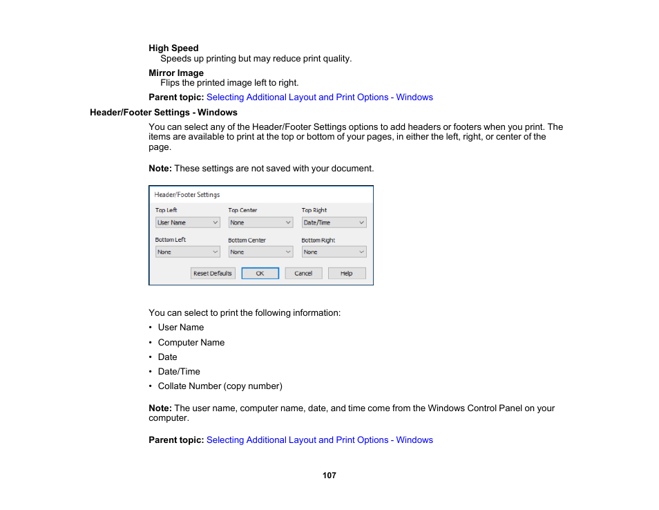 Header/footer settings - windows | Epson Expression Premium XP-7100 Small-In-One Inkjet Printer User Manual | Page 107 / 340