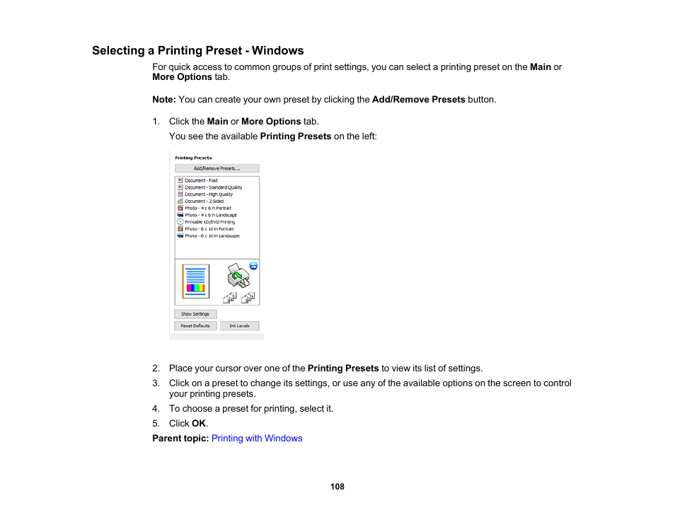 Selecting a printing preset - windows | Epson Expression Premium XP-7100 Small-In-One Inkjet Printer User Manual | Page 108 / 340