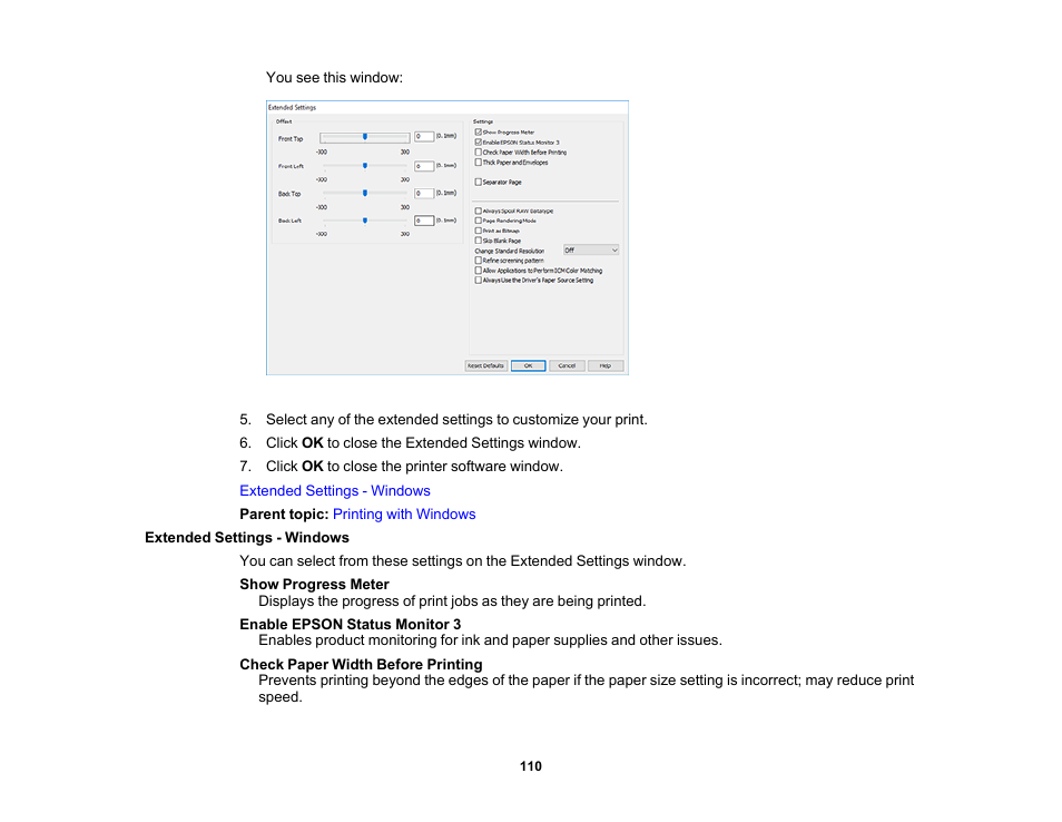 Extended settings - windows | Epson Expression Premium XP-7100 Small-In-One Inkjet Printer User Manual | Page 110 / 340