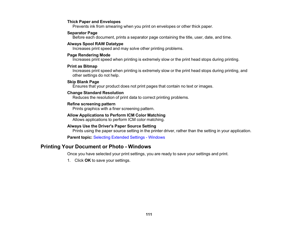 Printing your document or photo - windows | Epson Expression Premium XP-7100 Small-In-One Inkjet Printer User Manual | Page 111 / 340