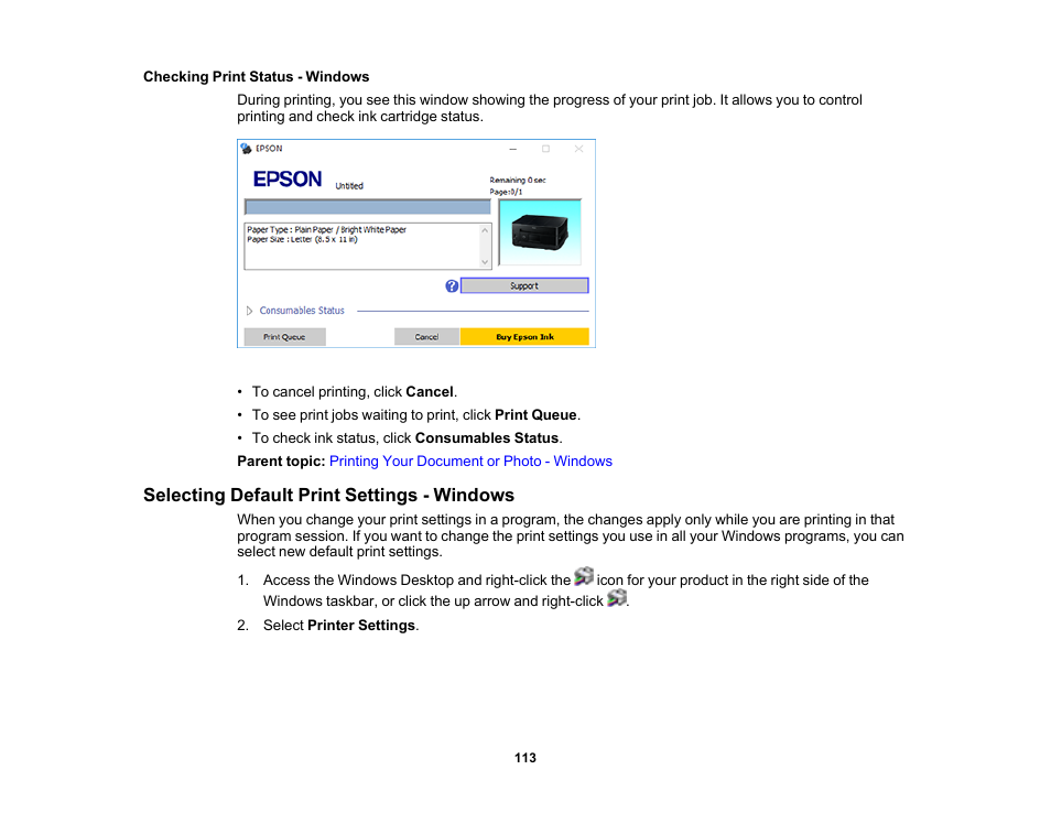 Checking print status - windows, Selecting default print settings - windows | Epson Expression Premium XP-7100 Small-In-One Inkjet Printer User Manual | Page 113 / 340