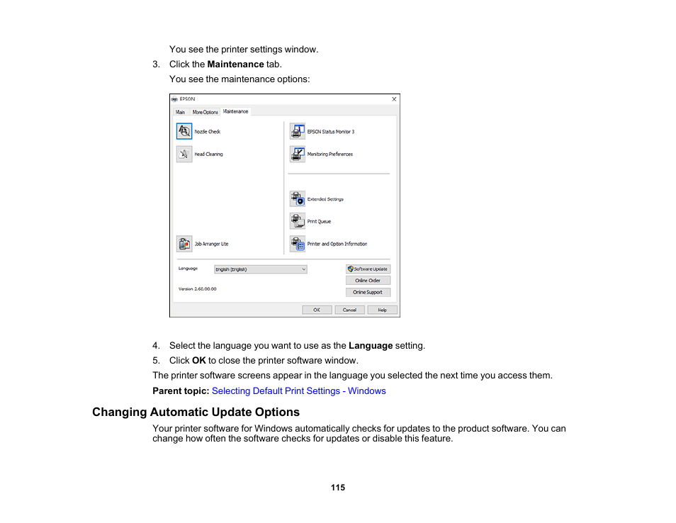 Changing automatic update options | Epson Expression Premium XP-7100 Small-In-One Inkjet Printer User Manual | Page 115 / 340